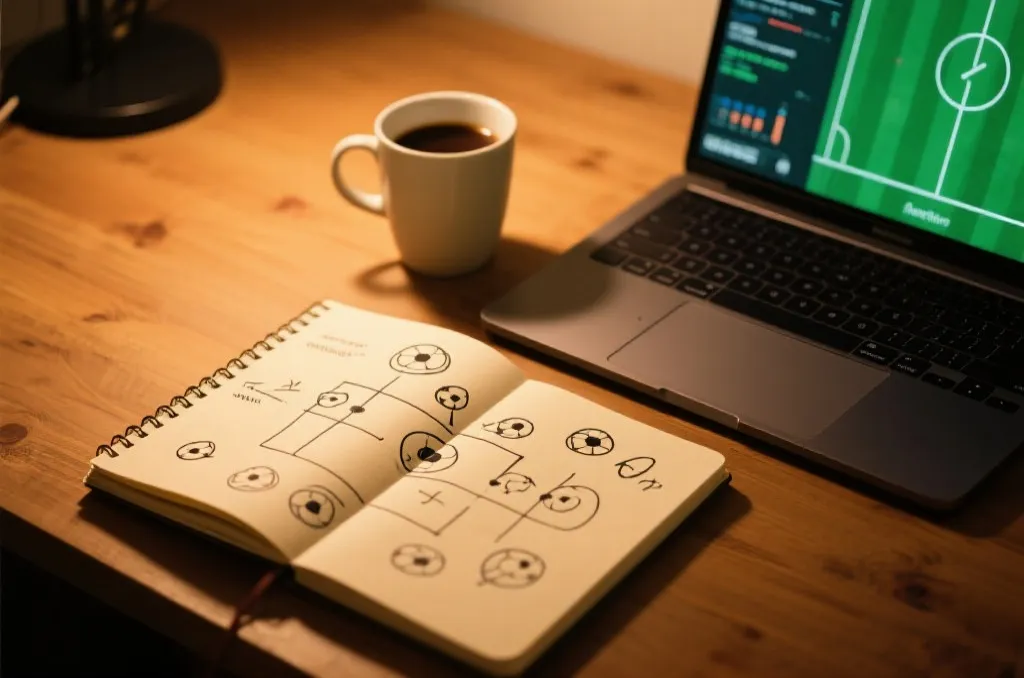 An open notebook with hand-drawn soccer tactics diagrams next to a laptop displaying generic match analytics, coffee cup on a wooden desk, warm lighting, editorial style